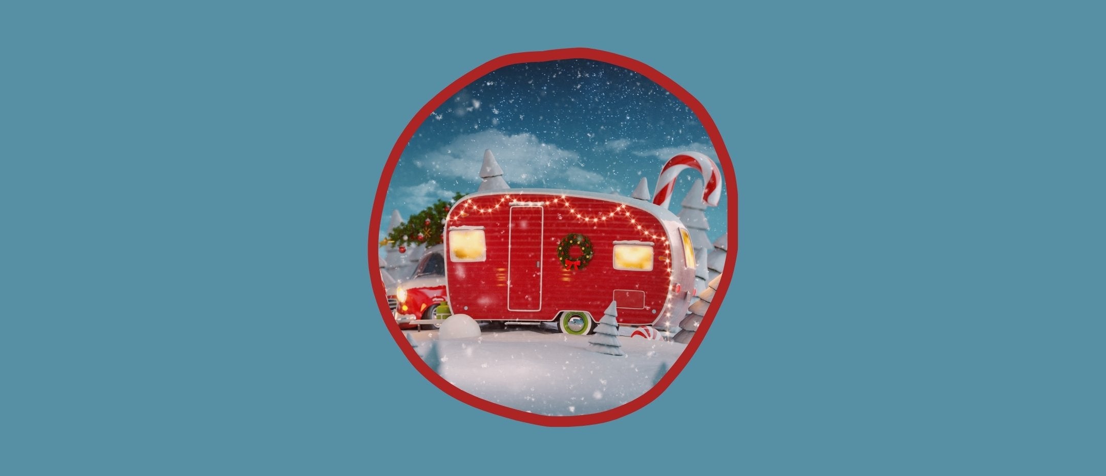Red camper van in winter in Christmas Eve