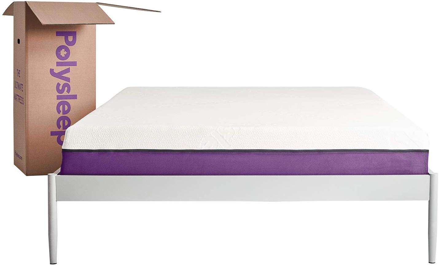 Polysleep mattress on top of a metallic foundation with a Polysleep box on the side
